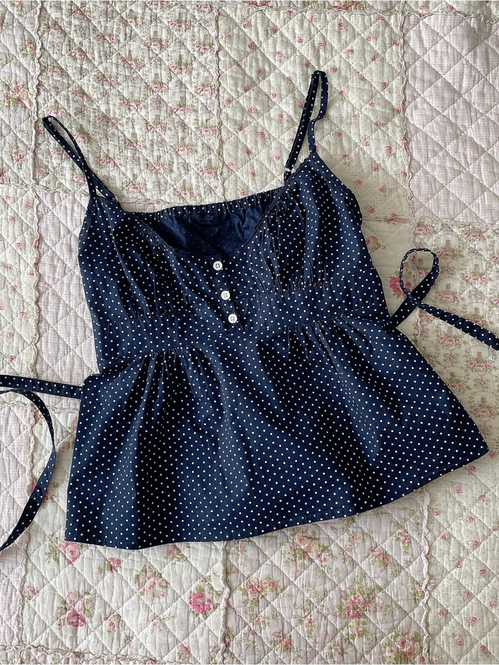 Brandy Melville navy and white polka dot babydoll top